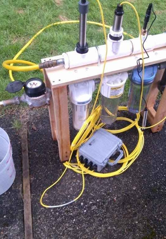 Custom made station monitoring water quality field parameters (pH, DO, cond., T, pressure, flow, turbidity (100, 10, and 1 micron filters) with continuous data logging.
